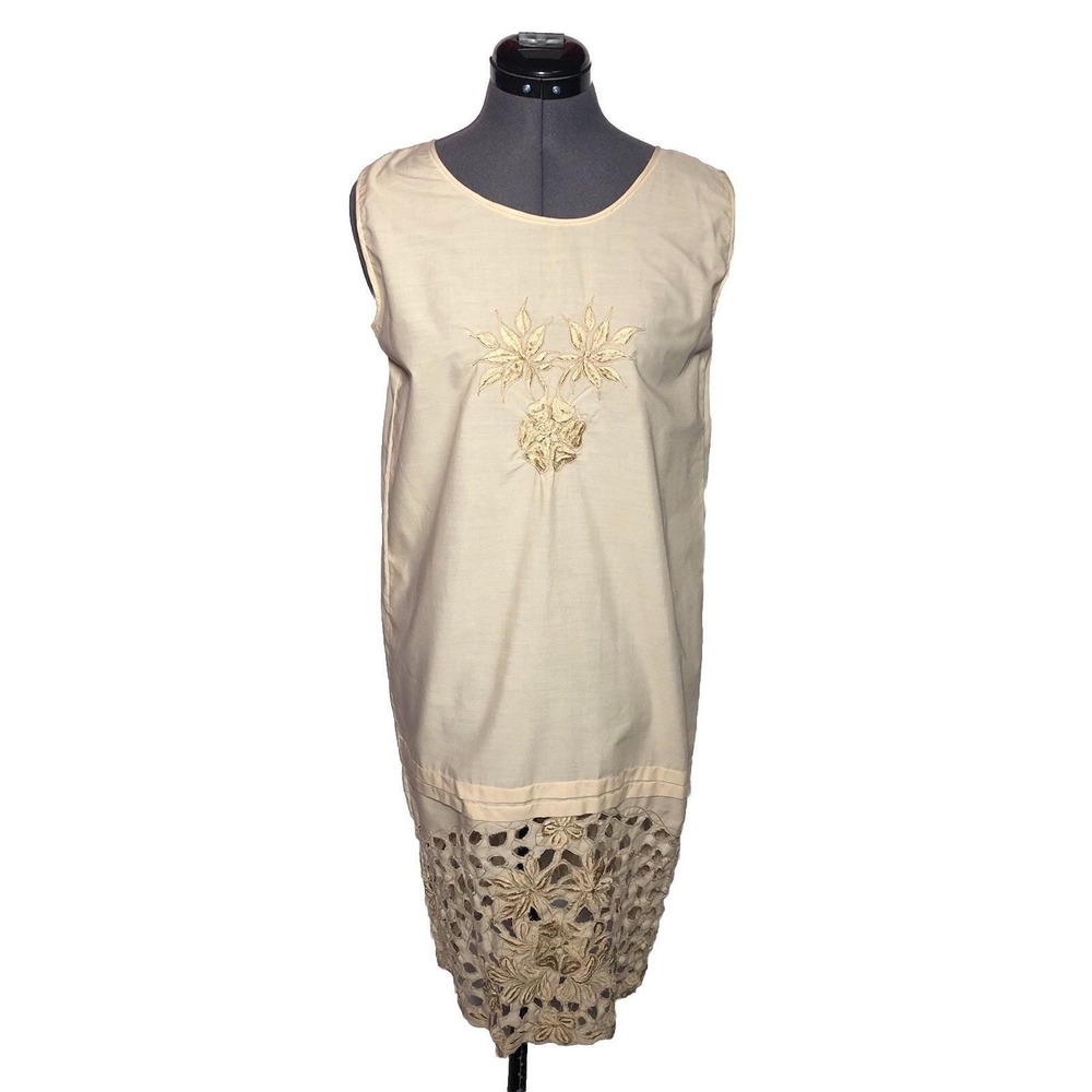 Authentic Vintage 1920s Embroidered Cotton Shift Dress Lace Hem Flapper Antique